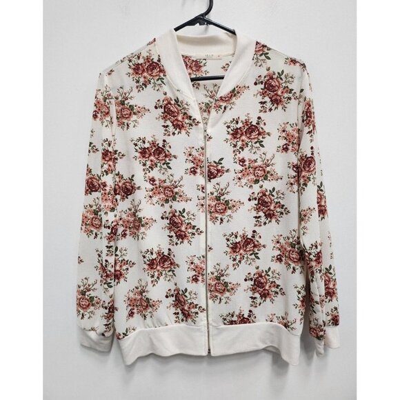 Le Lis Womens Varsity Jacket Size Large Ivory Pink Floral Zip Front Lightweight - Picture 1 of 6